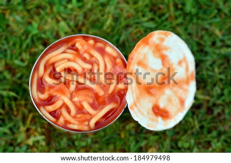 Can of spaghetti on green grass background. Concept photo of food, preserved,outdoor, camping, survival,surviving,prepared, poor, packed, crowded. No people. Copy space