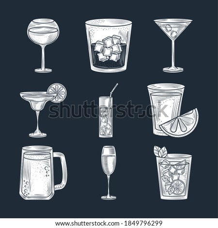 set of cocktails, beer wine and alcohol drink, thin line style icons vector illustration