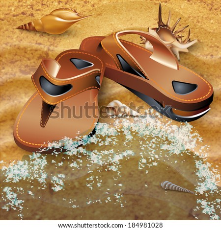 Set of a pair of slippers and sea-shells, isolated on sand background