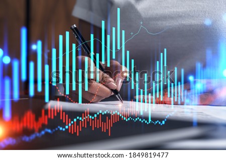 Woman signs agreement. Forex financil market chart and graph hologram. Double exposure . Brokerage concept. Royalty-Free Stock Photo #1849819477