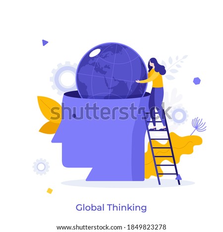 Woman standing on ladder at giant human head and putting planet Earth inside. Concept of global thinking, world intelligence, international business project. Modern flat vector illustration for poster