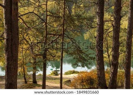 Autumn landscape with a forest lake and a water bike on the shore.