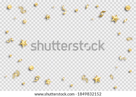 Background Xmas design poster of sparkling lights star and glitter gold confetti on transparent background.
