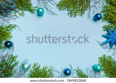 Christmas holidays composition with christmas decorations on blue background with copy space for your text