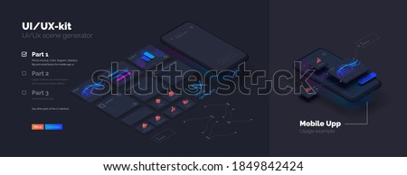 Toolkit-UI/UX scene creator. Part 1 Mobile application design. Smartphone mockup with active blocks and connections. Creation of the user interface. Modern vector illustration isometric style Royalty-Free Stock Photo #1849842424