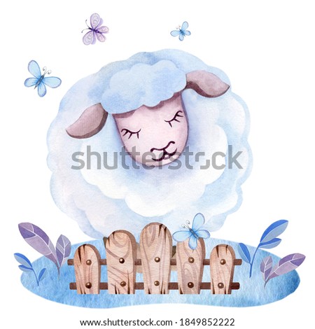 Watercolor illustration of a cute sheep. Watercolor drawing sheep, butterfly, lawn, fence isolated on white background. Template for postcard, poster, pictures, stickers.