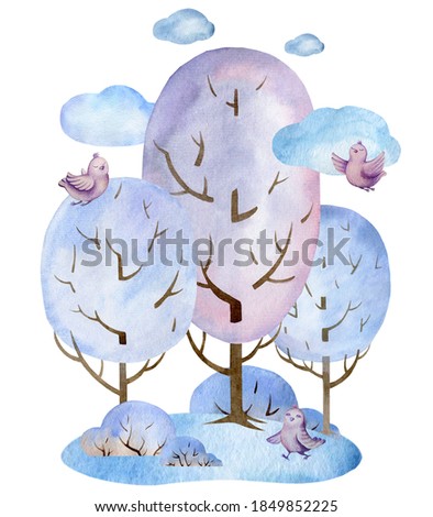 Watercolor illustration of a cute sheep in the forest. Watercolor drawing sheep, butterfly, bird, lawn, forest isolated on white background. Template for postcard, poster, pictures, stickers.