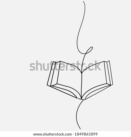 Continuous line, Opening book. Drawing of set Knowledge. (Vector illustration one line drawing)