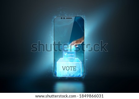 Online voting, Smartphone as a box for Internet voting and e-ballot in the form of a hologram with a check mark. Electronic voting technology concept. 3D render, 3D illustration.