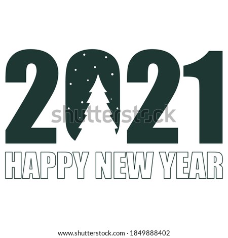 Creative concept of happy new year 2021 poster. Design template with 2021 typographic logo for season celebration and decoration. Christmas tree. Vector illustration.