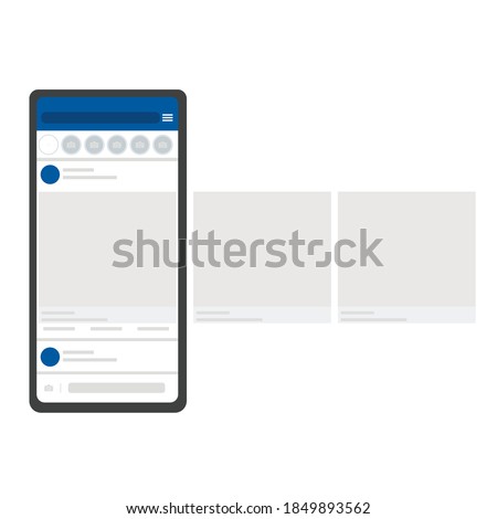 Mobile app mockup on realistic smartphone screen. Smartphone with facebook social network carousel interface post. Mobile interface template frame social network website. Vector illustration layout.