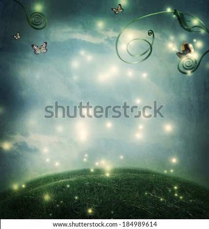 Fantasy night landscape with a small snail, butterflies and tendrils 