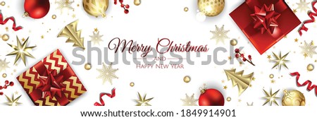 Christmas banner. Background Xmas objects viewed from above. BackgroundMerry Christmas and happy New Year