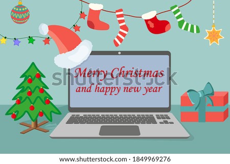 Merry Christmas and happy new year.Christmas greeting card depicting the workplace of a businessman.Flat vector illustration.