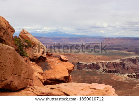 Panorama of view point in Canyonlands National Park with beautiful mountains in background, Utah, USA