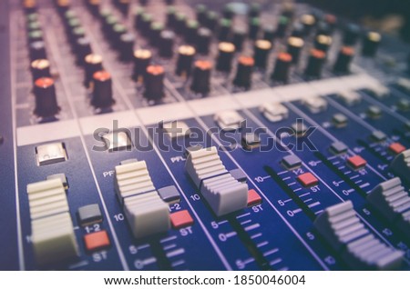 Audio mixer console and professional sound mixing. Mixer console for musician DJ and sound engineers.
