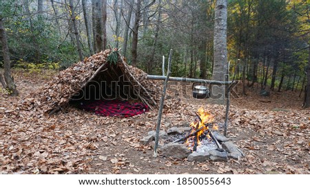  Survival Shelter Debris hut in the wilderness. Bushcraft camp setup in the forest. Royalty-Free Stock Photo #1850055643