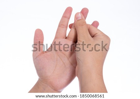 Man hand massaging her fingers isolated white background. Medical, healthcare for advertising concept.