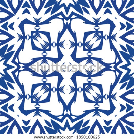 Ornamental azulejo portugal tiles decor. Vector seamless pattern concept. Universal design. Blue gorgeous flower folk print for linens, smartphone cases, scrapbooking, bags or T-shirts.