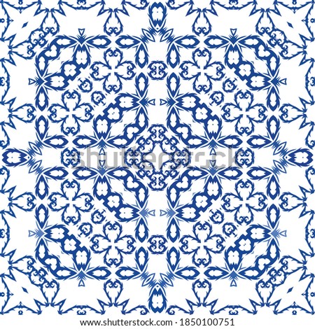 Ceramic tiles azulejo portugal. Vector seamless pattern watercolor. Creative design. Blue ethnic background for T-shirts, scrapbooking, linens, smartphone cases or bags.