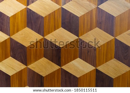 Square brown cubic raw wood texture for modern wall or ceiling decoration by wood 3 dimensions background.