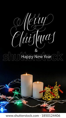 Happy New Year and Merry Christmas! card, banner, flat lay, with text - Merry Christmas,  On black background