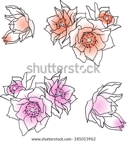 A set of pink hand-drawn cartoon flowers for summer and spring design