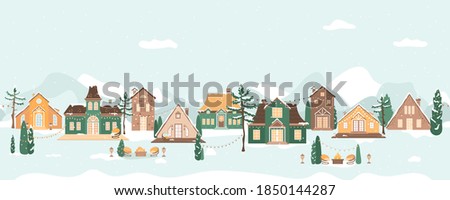 Winter panoramic scene with suburban houses village. Street decorated with garlands with light bulbs. Cozy home and lounge chair around fireplace outdoor. Banner, seamless pattern vector illustration