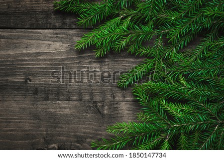 Christmas tree branches on wooden background. New Year texture