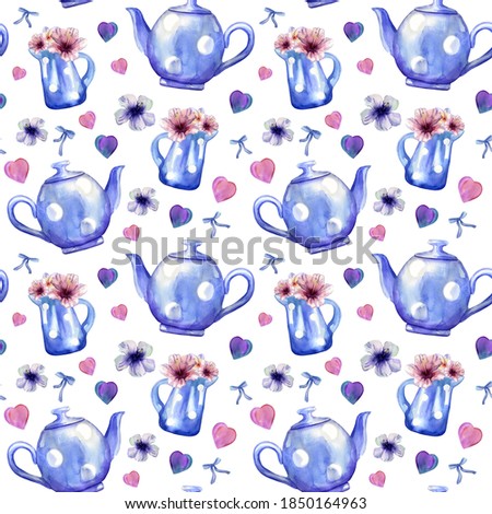 Watercolor hand painted seamless pattern with vintage blue polka dotted teapots and milk jugs with flowers and herts. Cute pattern is perfect for aprons, napkins, potholders and other kithcen textile.