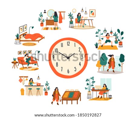 Female routine. Lifestyle activities temporal distribution, young woman daily schedule, life scenes around big clock face. Young woman sleep work training and shopping everyday vector cartoon concept Royalty-Free Stock Photo #1850192827