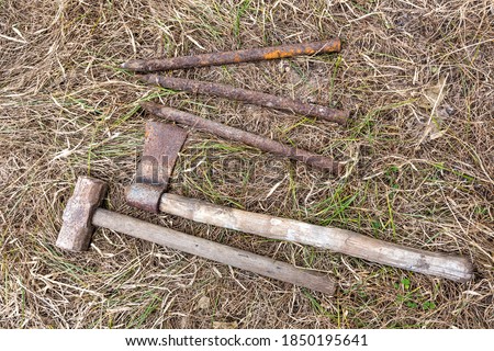 Rusted mechanic tools lay on the grass.