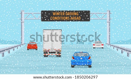 Cars passing through warning led display at highway. Winter driving conditions. Back view. Flat vector illustration template. Royalty-Free Stock Photo #1850206297