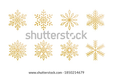 Christmas snowflakes collection isolated on white background. Cute gold gradient snow icons with intricate silhouette. Nice line doodle decorative element for New year banner, cards or ornament.
