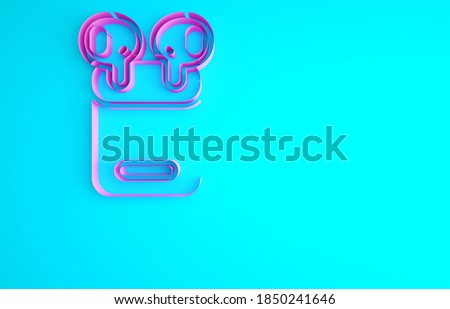 Pink Air headphones in box icon isolated on blue background. Holder wireless in case earphones garniture electronic gadget. Minimalism concept. 3d illustration 3D render.
