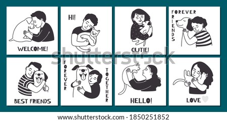 Cute cards with hugging people. Pets owner hold cat dogs. Funny animals vector banners