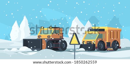 Snow removal. Heavy trucks cleaning urban road from snowstorm vector cartoon background Royalty-Free Stock Photo #1850262559