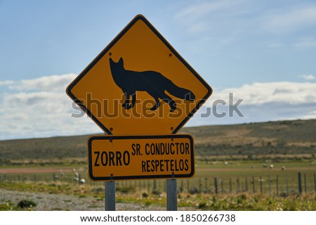 yellow and black road sign showing a fox, and saying zorro, slow down, standing in patagonia, south America along the Panamericana and Route 40                