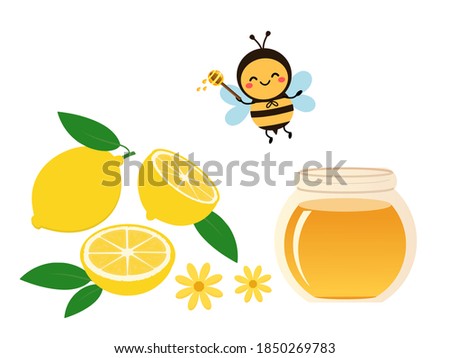 Set of lemon with green leaves, lemon flower, honey jar and cute bee cartoon on white background vector illustration. 