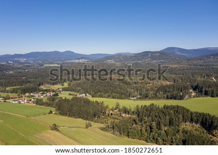 Picture of an aerial view with a drone of the landscape in the Bavarian forest near Grafenau with the mountain of little and big Rachel, Germany