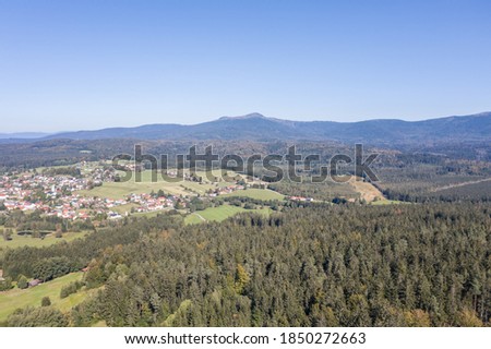 Picture of an aerial view with a drone of the landscape in the Bavarian forest near Grafenau with the mountain of little and big Rachel, Germany