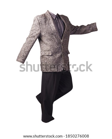 male gray jacket,gray striped shirt and black trousers isolated on a white background. formal suit