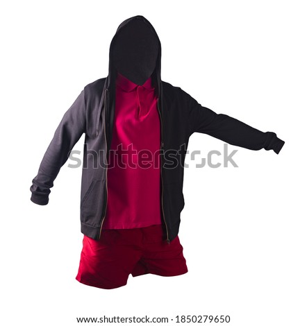 black sweatshirt with iron zipper hoodie,red polo shirt and red sports shorts isolated on white background. casual sportswear