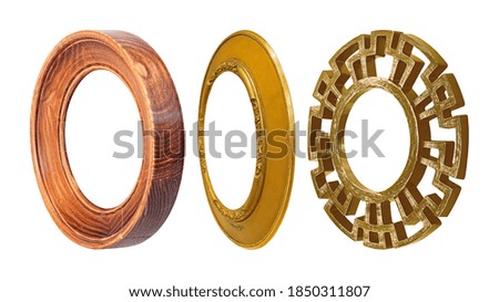Set of golden and wooden round frames for paintings, mirrors or photo in perspective view isolated on white background