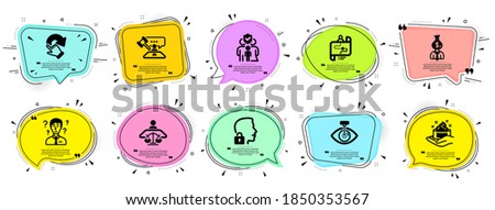 People icons set. Speech bubble offer banners. Vector coupon badge. Included icon as Skin care, Court judge, Manager signs. Family insurance, Journey path, Eye laser symbols. Vector