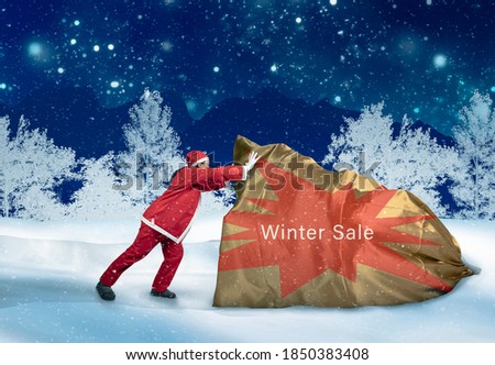 winter sale template for Christmas sales with elf pushing big sack