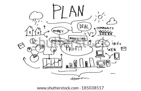 Background image with business sketches on white backdrop