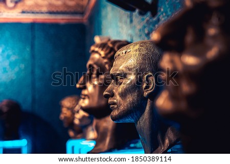 Heads of Roman emperors exhibited at an archeological site Viminacium in Serbia Royalty-Free Stock Photo #1850389114
