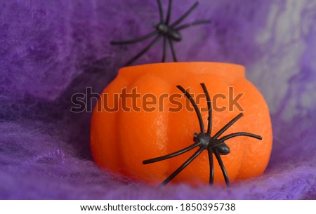 A black spider crawls on a purple web and an orange pumpkin on a lilac background. Halloween. Card.