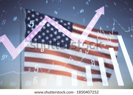 Abstract virtual financial graph hologram and upward arrow on USA flag and sunset sky background, forex and investment concept. Multiexposure